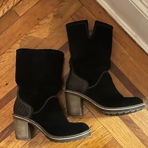 COZY & LUX Tamaris Fur Lined Suede Boots Chunky Heel - size 38 (7.5/8)